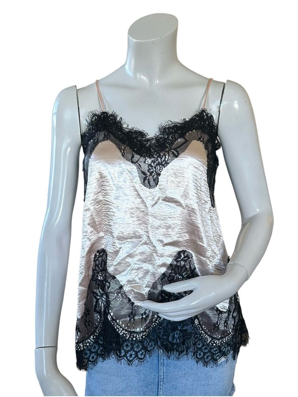 Y2K Venus Champagne Blush Pink Black Lace Trim Lingerie Style Cami Top Size 2